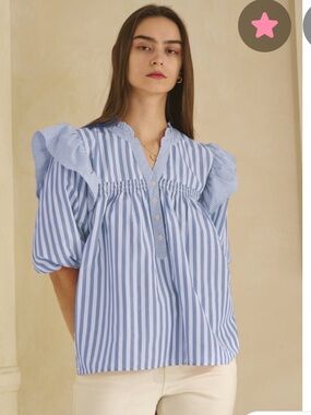 Oddi Blue & White Striped Ruffle-Sleeve Blouse